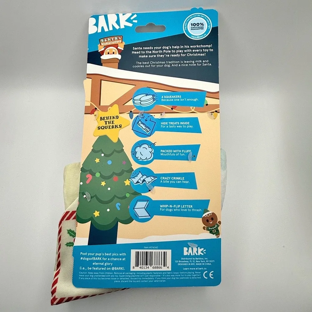 Bark Box - Santa's Workchomp Dog Toy | Crinkle, Squeaker, Hide Treats, Christmas